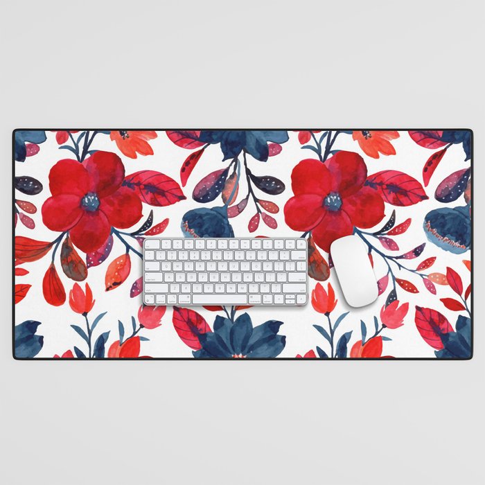 Red and Blue, Watercolor Painting of Flowers, Digital Art Desk Mat Gallery Image 1