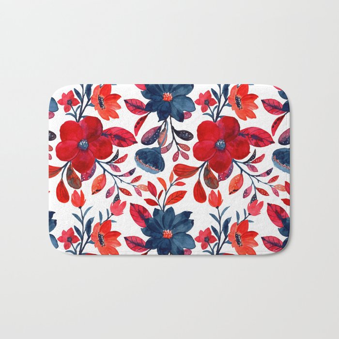 Red and Blue, Watercolor Painting of Flowers, Digital Art Bath Mat Gallery Image 1