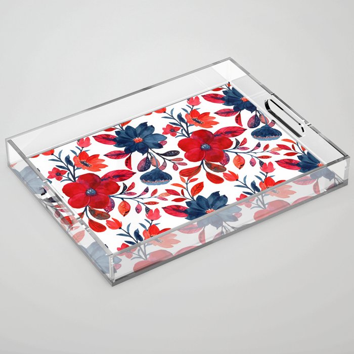 Red and Blue, Watercolor Painting of Flowers, Digital Art Acrylic Tray Gallery Image 1