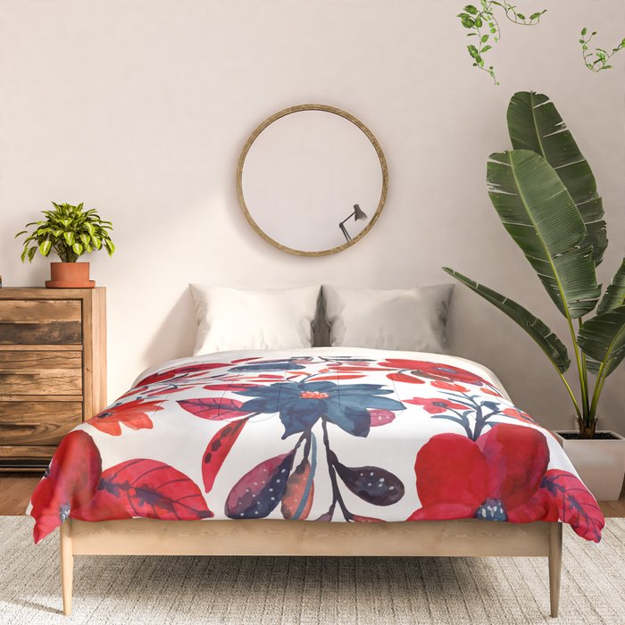 Red and Blue, Watercolor Painting of Flowers, Digital Art Comforter Gallery Image 3
