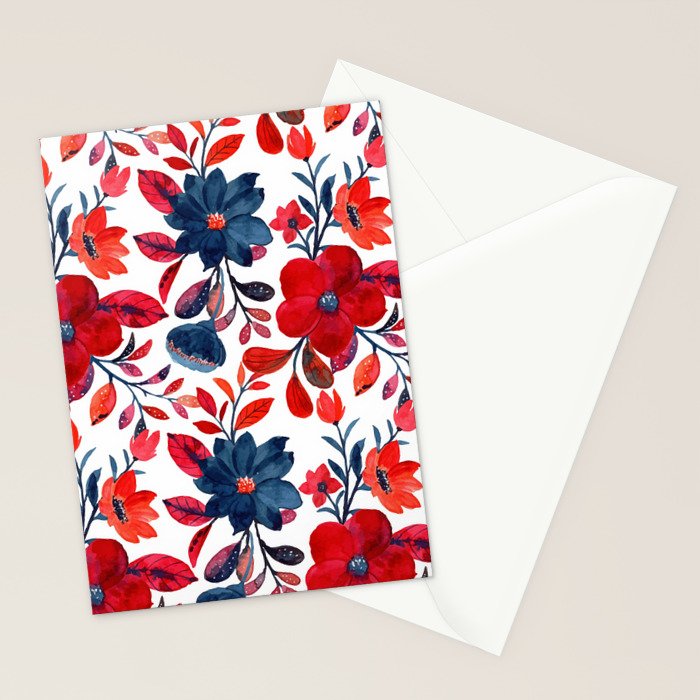 Red and Blue, Watercolor Painting of Flowers, Digital Art Stationery Card Gallery Image 2