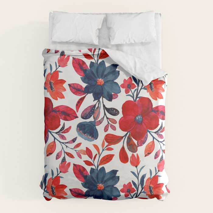 Red and Blue, Watercolor Painting of Flowers, Digital Art Duvet Cover Gallery Image 1