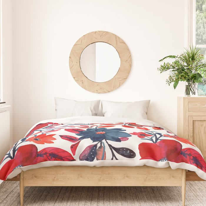 Red and Blue, Watercolor Painting of Flowers, Digital Art Duvet Cover Gallery Image 3