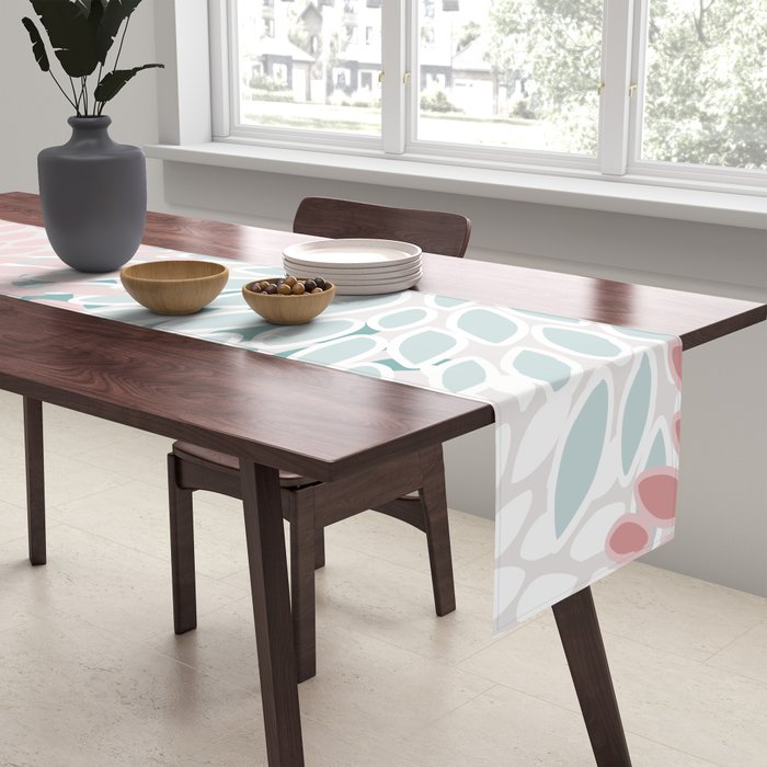 Floral Bloom, Teal, Green, Pink and White Table Runner Gallery Image 2