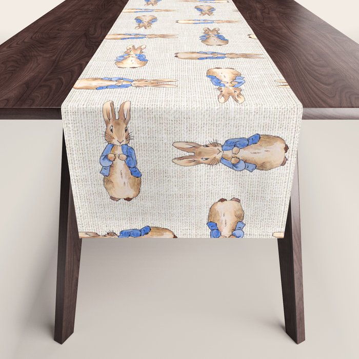 Peter the rabbit beige linen textured background Table Runner Gallery Image 1