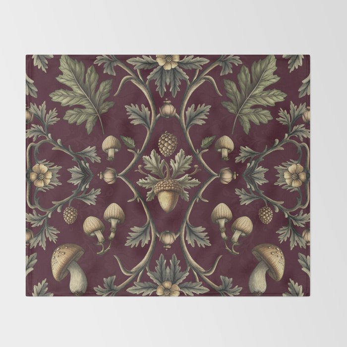 William Morris Style Forest Tales Cabincore Pattern Burgundy Red Throw Blanket Gallery Image 2