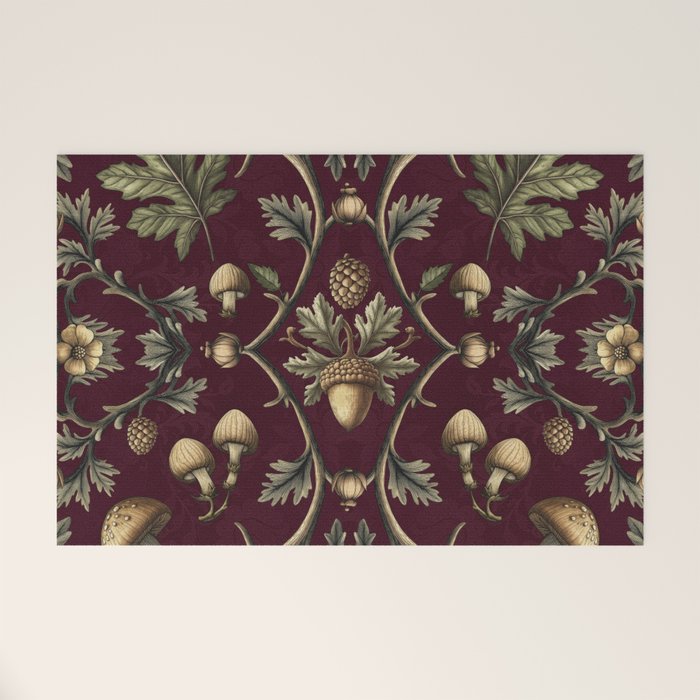 William Morris Style Forest Tales Cabincore Pattern Burgundy Red Welcome Mat Gallery Image 1