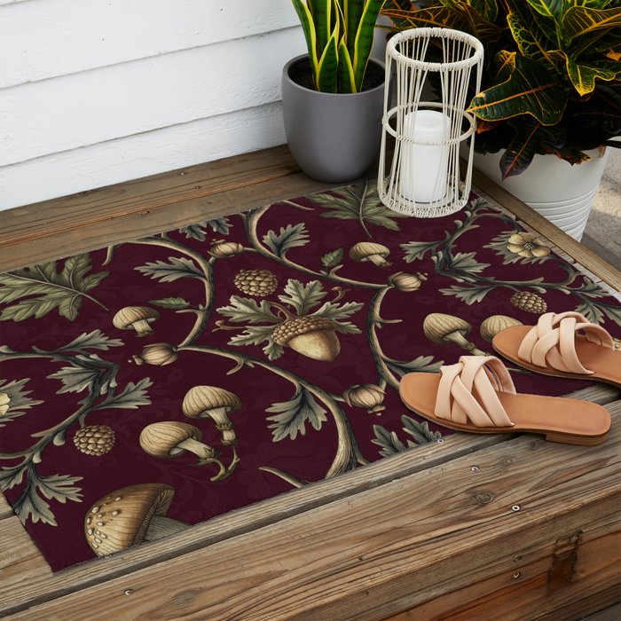 William Morris Style Forest Tales Cabincore Pattern Burgundy Red Outdoor Rug Gallery Image 2