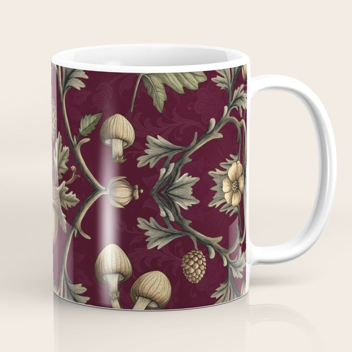William Morris Style Forest Tales Cabincore Pattern Burgundy Red Coffee Mug Gallery Image 1