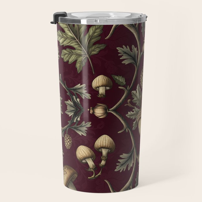 William Morris Style Forest Tales Cabincore Pattern Burgundy Red Travel Mug Gallery Image 3
