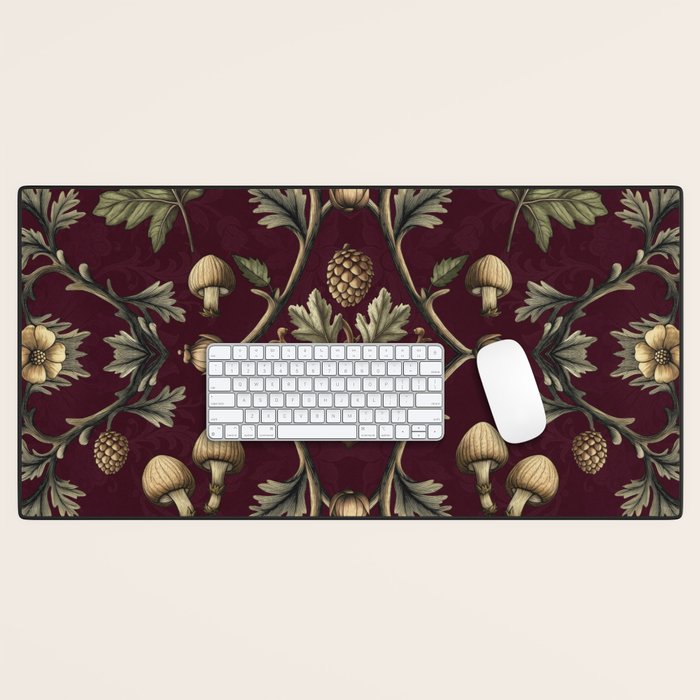 William Morris Style Forest Tales Cabincore Pattern Burgundy Red Desk Mat Gallery Image 1