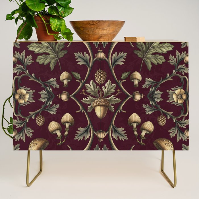 William Morris Style Forest Tales Cabincore Pattern Burgundy Red Credenza Gallery Image 1