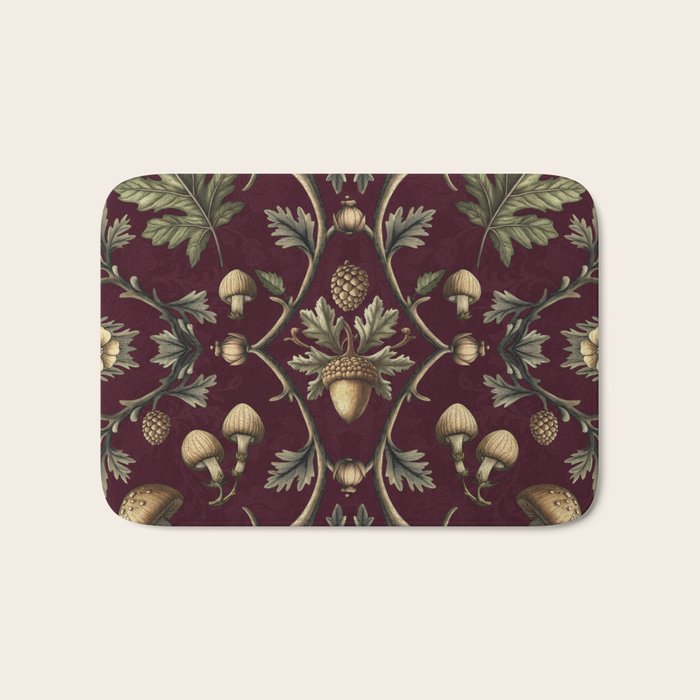 William Morris Style Forest Tales Cabincore Pattern Burgundy Red Bath Mat Gallery Image 1