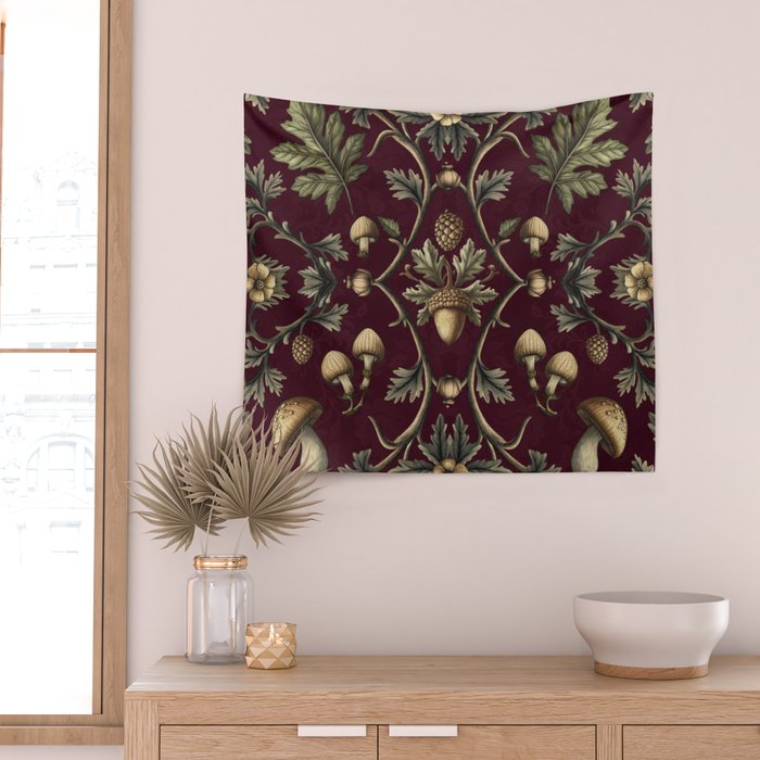 William Morris Style Forest Tales Cabincore Pattern Burgundy Red Wall Tapestry Gallery Image 2