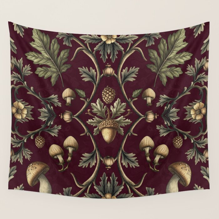 William Morris Style Forest Tales Cabincore Pattern Burgundy Red Wall Tapestry Gallery Image 4