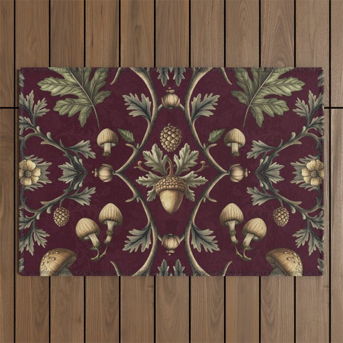 William Morris Style Forest Tales Cabincore Pattern Burgundy Red Outdoor Rug Gallery Image 1
