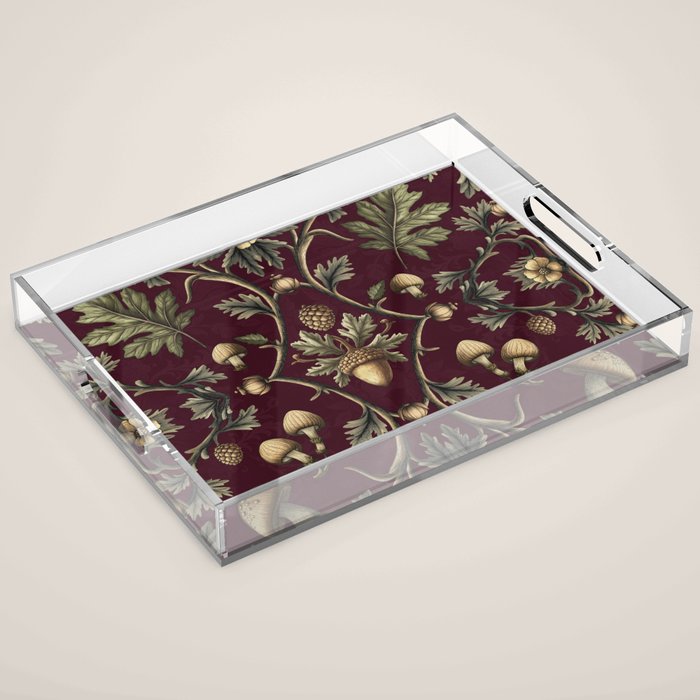 William Morris Style Forest Tales Cabincore Pattern Burgundy Red Acrylic Tray Gallery Image 1