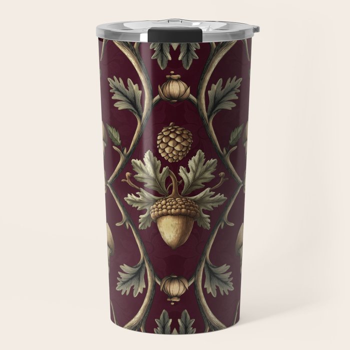 William Morris Style Forest Tales Cabincore Pattern Burgundy Red Travel Mug Gallery Image 1