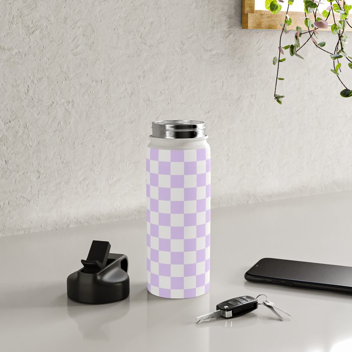 Large Chalky Pale Lilac Pastel Color and White Checkerboard Water Bottle Gallery Image 4