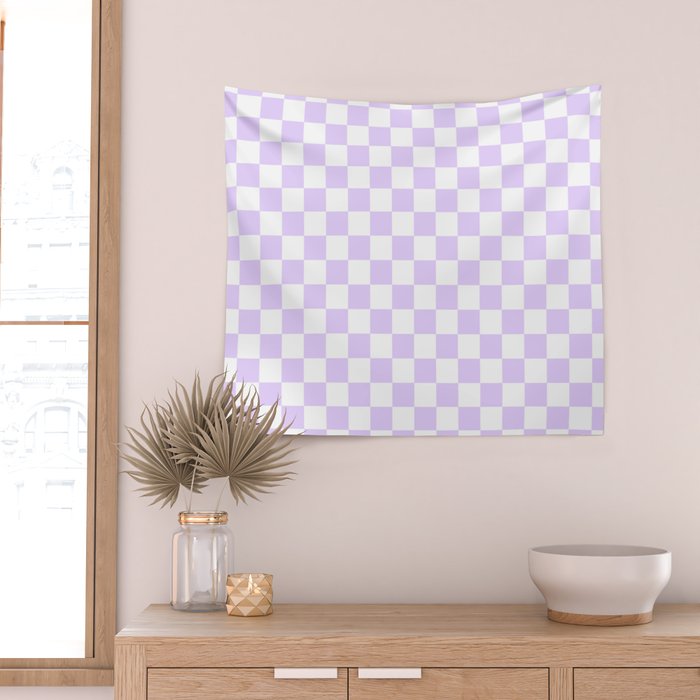 Large Chalky Pale Lilac Pastel Color and White Checkerboard Wall Tapestry Gallery Image 2