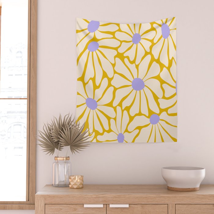 Big Groovy Flower - Purple, Yellow, Off-White Wall Tapestry Gallery Image 2