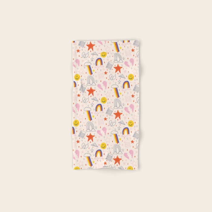 Happy Smiley Face & Retro Rainbows in Dusty Pink Bath Towel Gallery Image 1