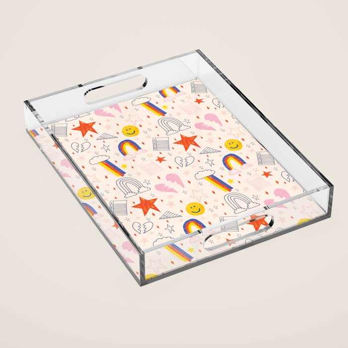 Happy Smiley Face & Retro Rainbows in Dusty Pink Acrylic Tray Gallery Image 1