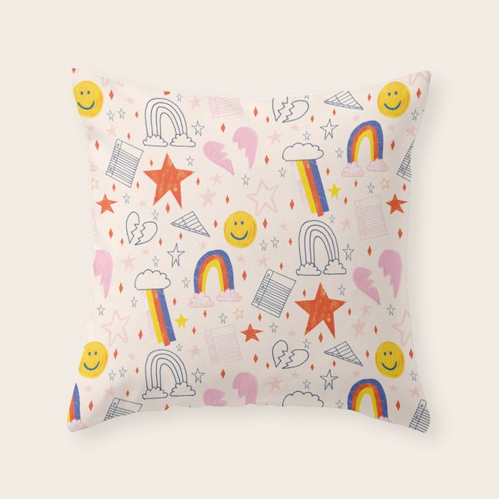 Happy Smiley Face & Retro Rainbows in Dusty Pink Throw Pillow Gallery Image 1