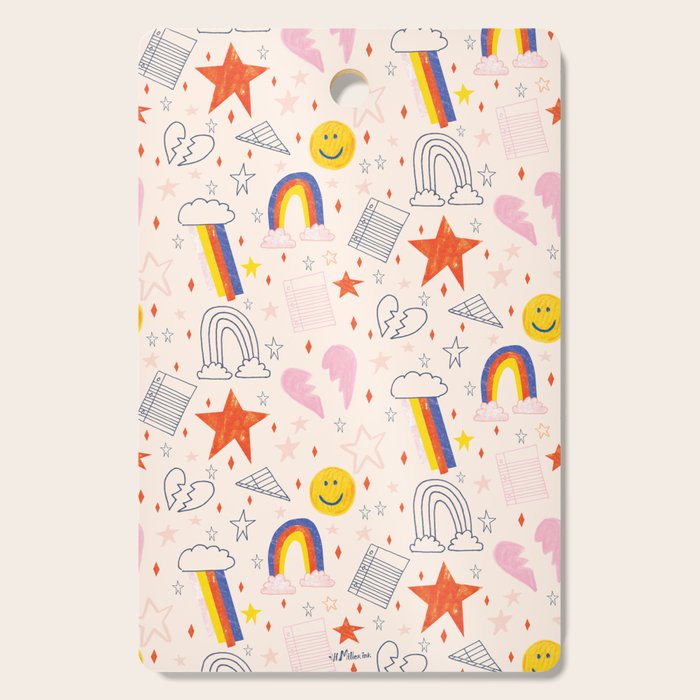 Happy Smiley Face & Retro Rainbows in Dusty Pink Cutting Board Gallery Image 1