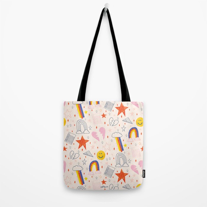 Happy Smiley Face & Retro Rainbows in Dusty Pink Tote Bag Gallery Image 2