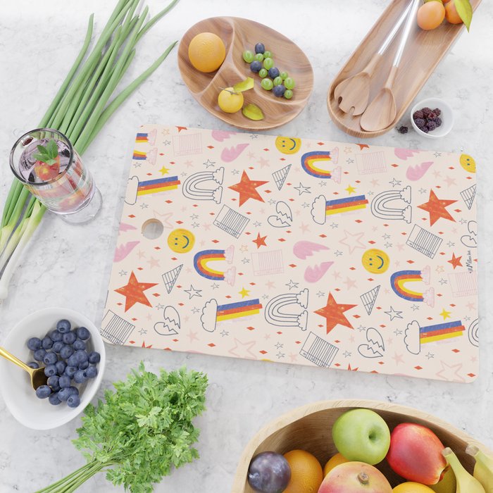 Happy Smiley Face & Retro Rainbows in Dusty Pink Cutting Board Gallery Image 2