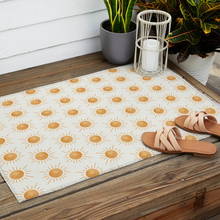 Peace Sun Face, Calm Happy Sunshine Watercolor Outdoor Rug Gallery Image 2
