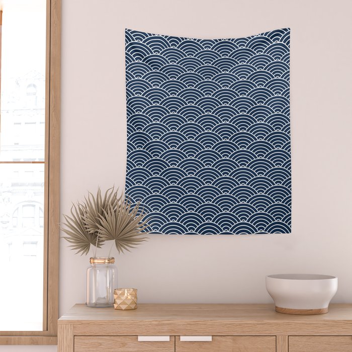 Japanese Waves Pattern Dark Blue Wall Tapestry Gallery Image 2