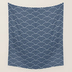 Japanese Waves Pattern Dark Blue Wall Tapestry Gallery Image 4