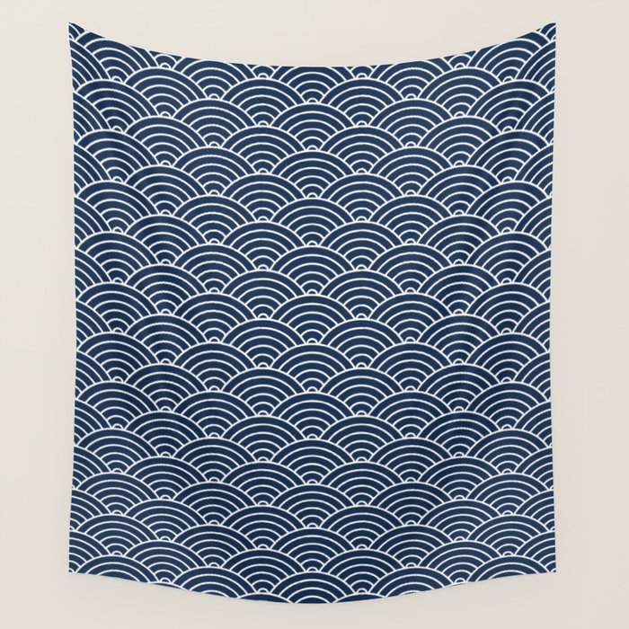 Japanese Waves Pattern Dark Blue Wall Tapestry Gallery Image 4