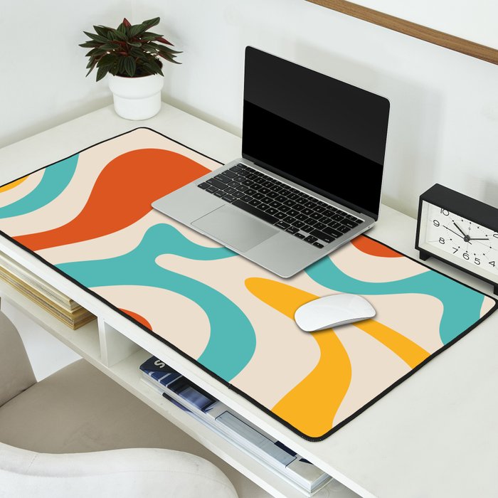 Retro Liquid Swirl Abstract Pattern Square in Mid Century Modern Burnt Orange, Teal Blue, Mustard Yellow, and Beige Desk Mat Gallery Image 2