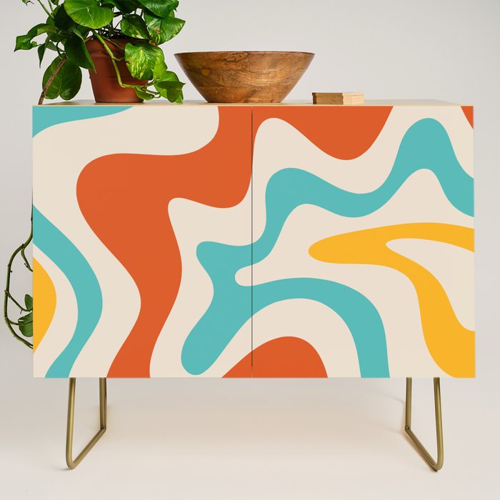 Retro Liquid Swirl Abstract Pattern Square in Mid Century Modern Burnt Orange, Teal Blue, Mustard Yellow, and Beige Credenza Gallery Image 1