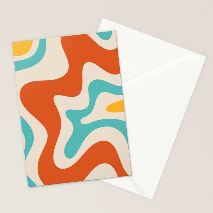 Retro Liquid Swirl Abstract Pattern Square in Mid Century Modern Burnt Orange, Teal Blue, Mustard Yellow, and Beige Stationery Card Gallery Image 2