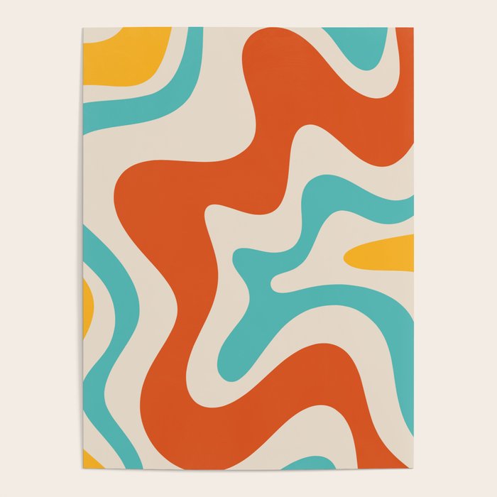 Retro Liquid Swirl Abstract Pattern Square in Mid Century Modern Burnt Orange, Teal Blue, Mustard Yellow, and Beige Poster Gallery Image 1