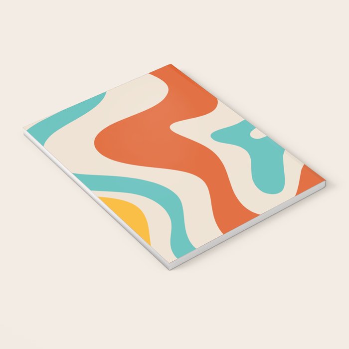 Retro Liquid Swirl Abstract Pattern Square in Mid Century Modern Burnt Orange, Teal Blue, Mustard Yellow, and Beige Notebook Gallery Image 3