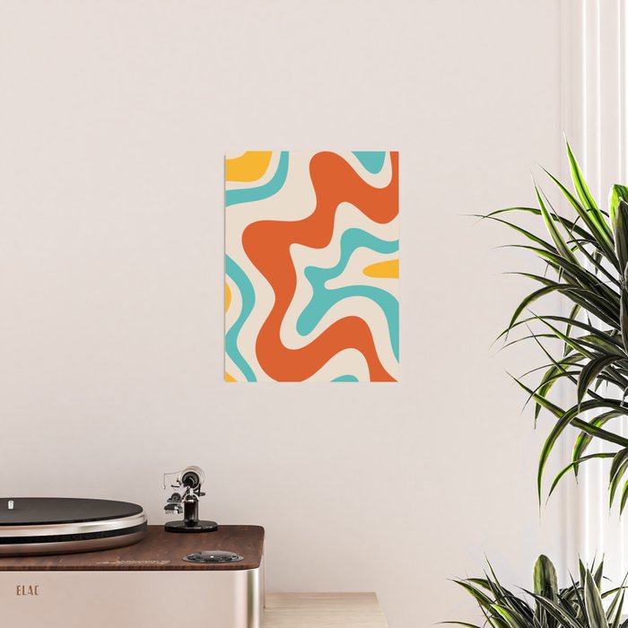 Retro Liquid Swirl Abstract Pattern Square in Mid Century Modern Burnt Orange, Teal Blue, Mustard Yellow, and Beige Poster Gallery Image 2
