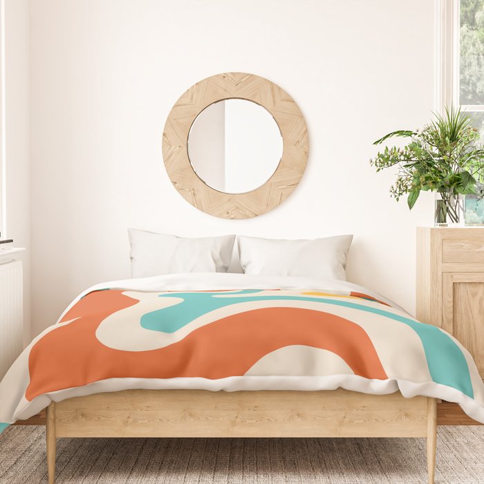 Retro Liquid Swirl Abstract Pattern Square in Mid Century Modern Burnt Orange, Teal Blue, Mustard Yellow, and Beige Duvet Cover Gallery Image 3