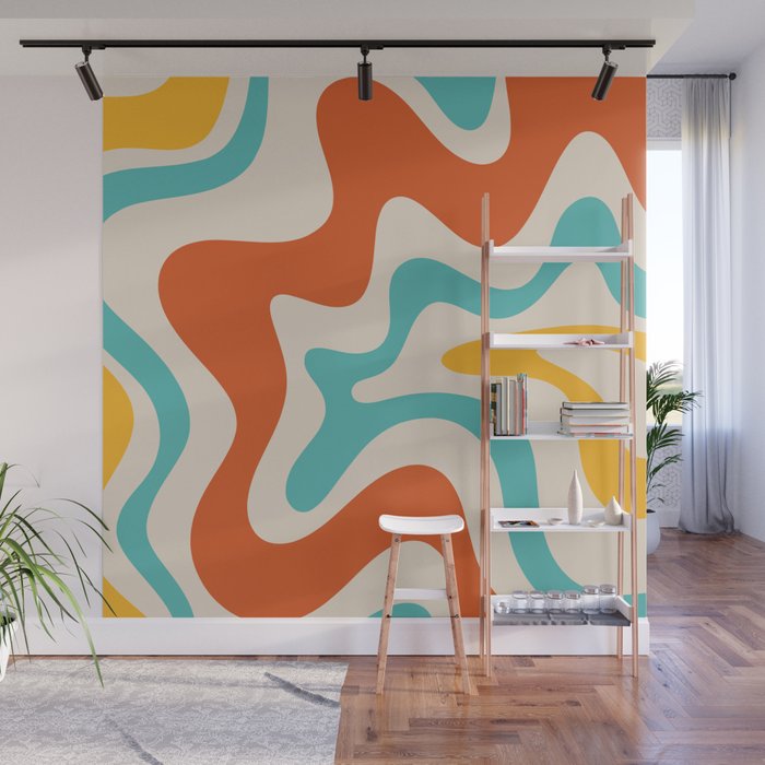 Retro Liquid Swirl Abstract Pattern Square in Mid Century Modern Burnt Orange, Teal Blue, Mustard Yellow, and Beige Wall Mural Gallery Image 1