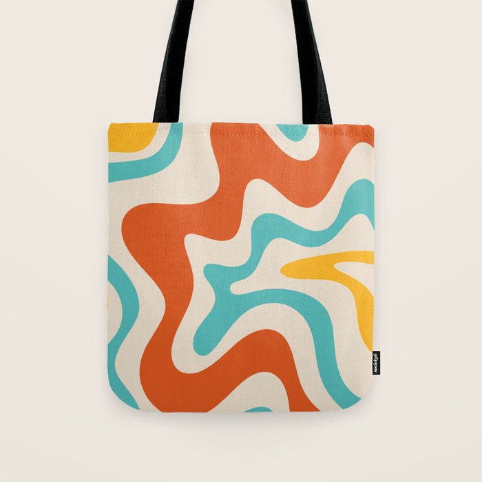 Retro Liquid Swirl Abstract Pattern Square in Mid Century Modern Burnt Orange, Teal Blue, Mustard Yellow, and Beige Tote Bag Gallery Image 1