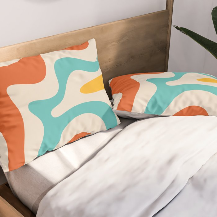 Retro Liquid Swirl Abstract Pattern Square in Mid Century Modern Burnt Orange, Teal Blue, Mustard Yellow, and Beige Pillow Sham Gallery Image 2