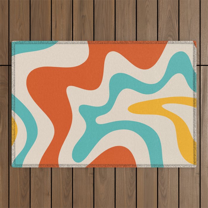Retro Liquid Swirl Abstract Pattern Square in Mid Century Modern Burnt Orange, Teal Blue, Mustard Yellow, and Beige Outdoor Rug Gallery Image 1