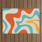 Retro Liquid Swirl Abstract Pattern Square in Mid Century Modern Burnt Orange, Teal Blue, Mustard Yellow, and Beige Outdoor Rug Gallery Image 1
