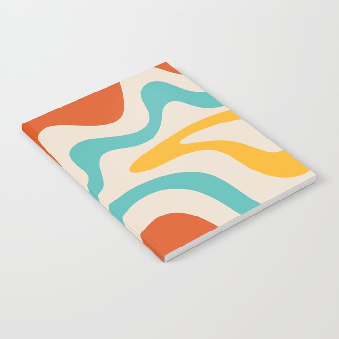 Retro Liquid Swirl Abstract Pattern Square in Mid Century Modern Burnt Orange, Teal Blue, Mustard Yellow, and Beige Notebook Gallery Image 2