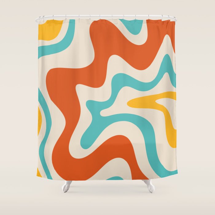 Retro Liquid Swirl Abstract Pattern Square in Mid Century Modern Burnt Orange, Teal Blue, Mustard Yellow, and Beige Shower Curtain Gallery Image 1