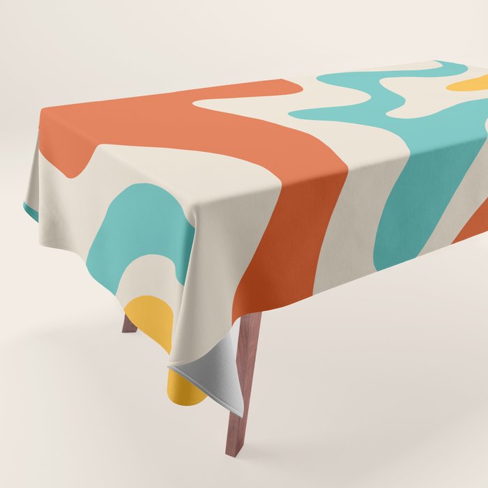 Retro Liquid Swirl Abstract Pattern Square in Mid Century Modern Burnt Orange, Teal Blue, Mustard Yellow, and Beige Tablecloth Gallery Image 1